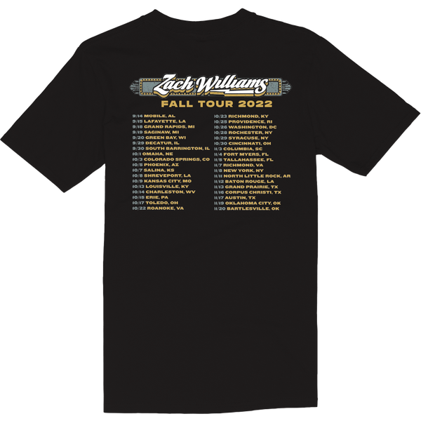 Black t-shirt featuring Zach Williams Fall Tour 2022 concert dates on the back.