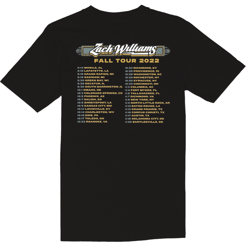 Black t-shirt featuring Zach Williams Fall Tour 2022 concert dates on the back.