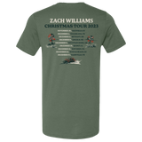 Green t-shirt displaying Zach Williams Christmas Tour 2023 details and dates.