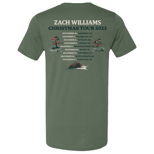 Green t-shirt displaying Zach Williams Christmas Tour 2023 details and dates.
