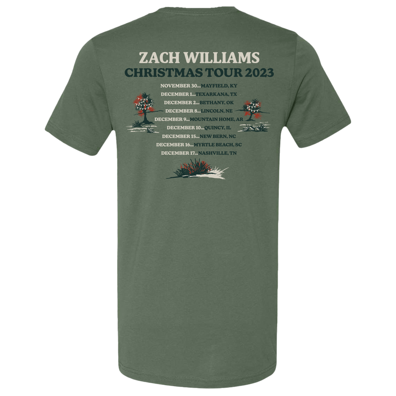 Green t-shirt displaying Zach Williams Christmas Tour 2023 details and dates.