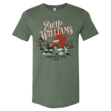 Green t-shirt with Zach Williams Christmas Tour 2023 design featuring a red pickup truck.