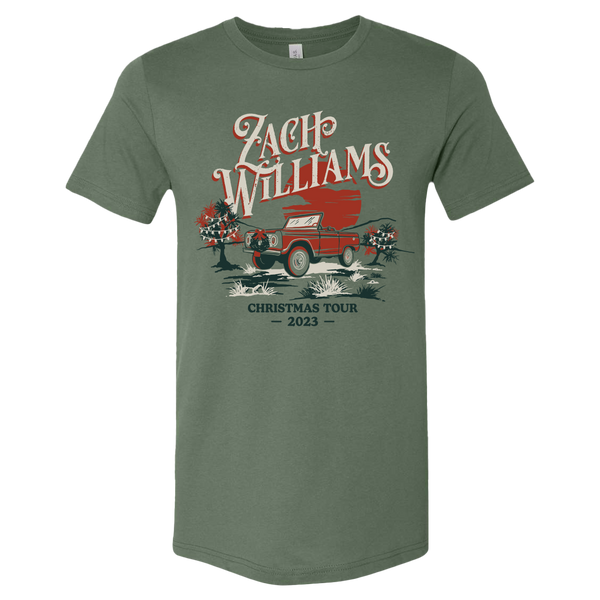 Green t-shirt with Zach Williams Christmas Tour 2023 design featuring a red pickup truck.