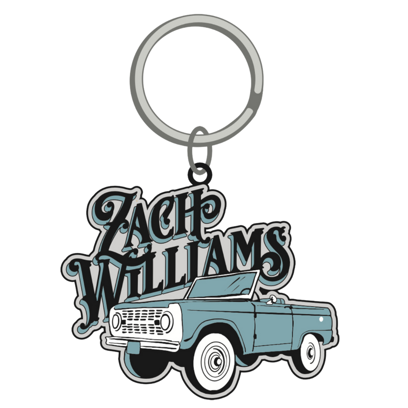 Keychain featuring Zach Williams’ name and a vintage blue pickup truck design.