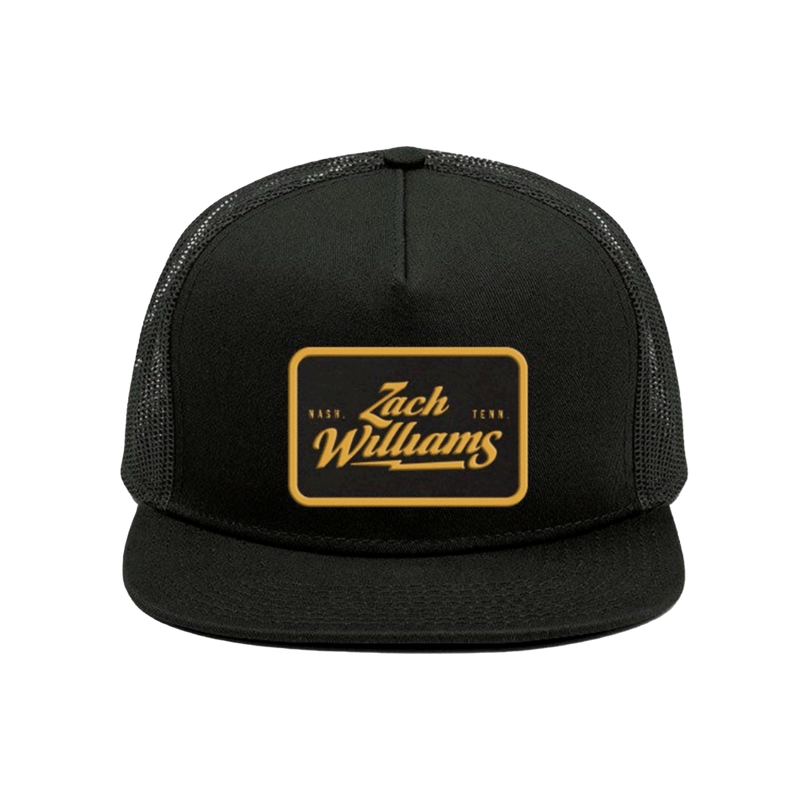 Black trucker hat with a gold ’Zach Williams’ logo patch on the front.