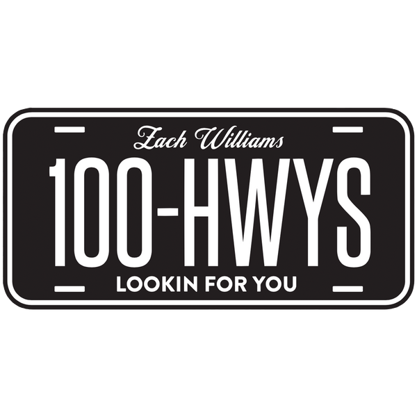 License plate with ’100-HWYS’ and ’LOOKIN FOR YOU’ text, styled after Zach Williams’ album.