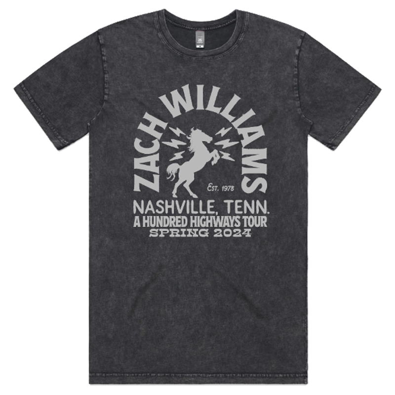 Dark gray t-shirt with ’Zach Williams Nashville Tenn.’ and a unicorn design printed on the front.