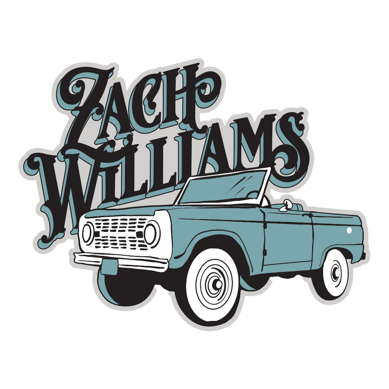 Vintage-style logo featuring ’Zach Williams’ text and a light blue classic pickup truck illustration.