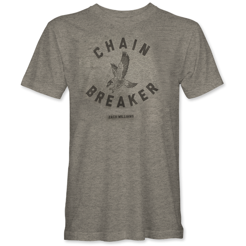 Gray t-shirt with ’CHAIN BREAKER’ text and an eagle graphic printed on the front.