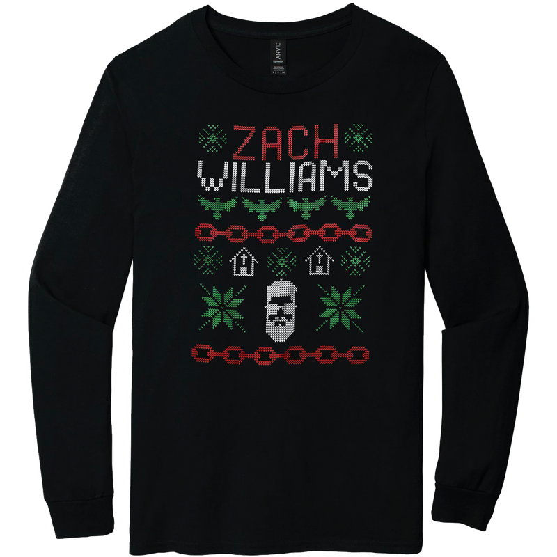 Black long-sleeved shirt with a Christmas-themed design featuring ’Zach Williams’ text and holiday motifs.