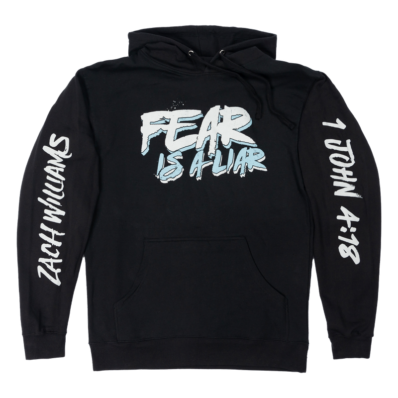 Black hoodie with white and blue text graphics on the front and sleeves.