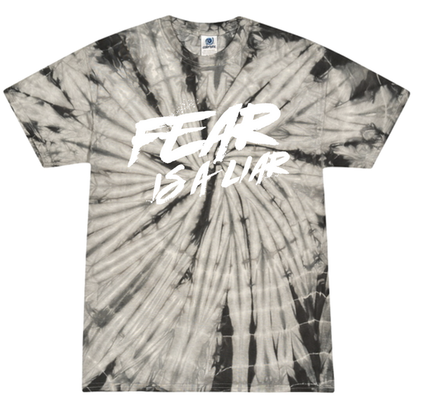 Tie-dye t-shirt with ’FEAR IS A LIAR’ text printed in white.
