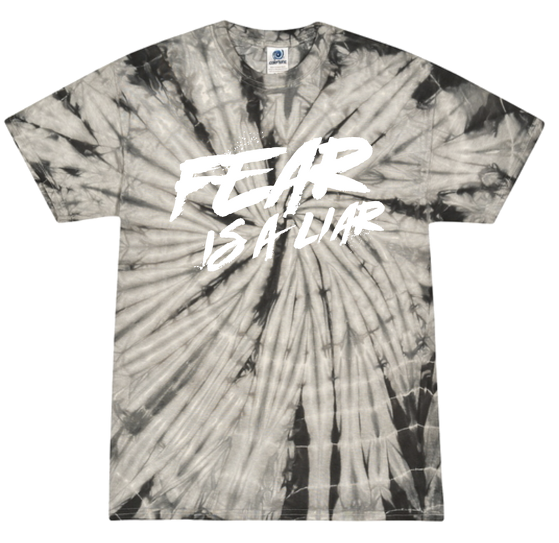 Tie-dye t-shirt with ’FEAR IS A LIAR’ text printed in white.