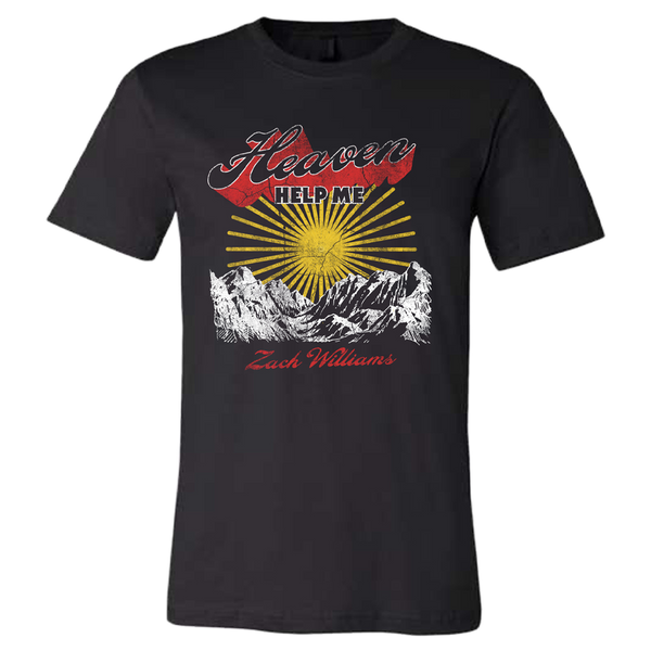 Black t-shirt with a colorful Hawaii-themed graphic design featuring mountains and a sun.