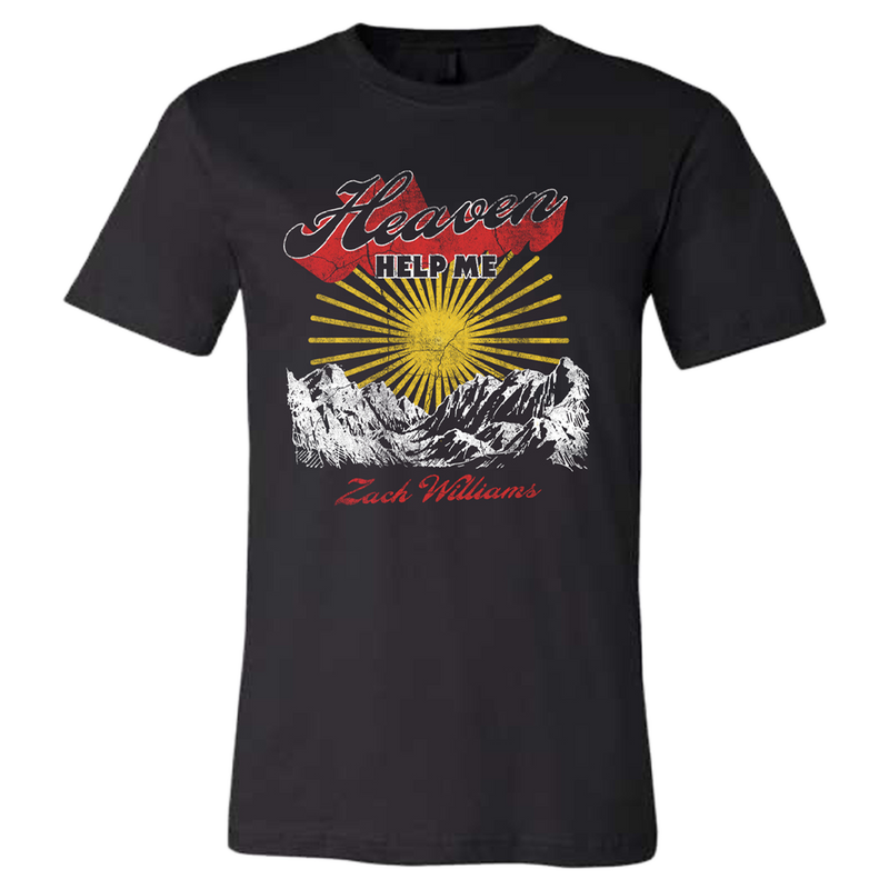 Black t-shirt with a colorful Hawaii-themed graphic design featuring mountains and a sun.