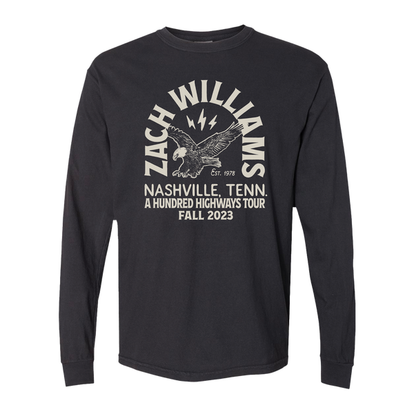 Long-sleeved black t-shirt with ’Zach Williams Nashville, Tenn.’ and eagle design printed on the front.