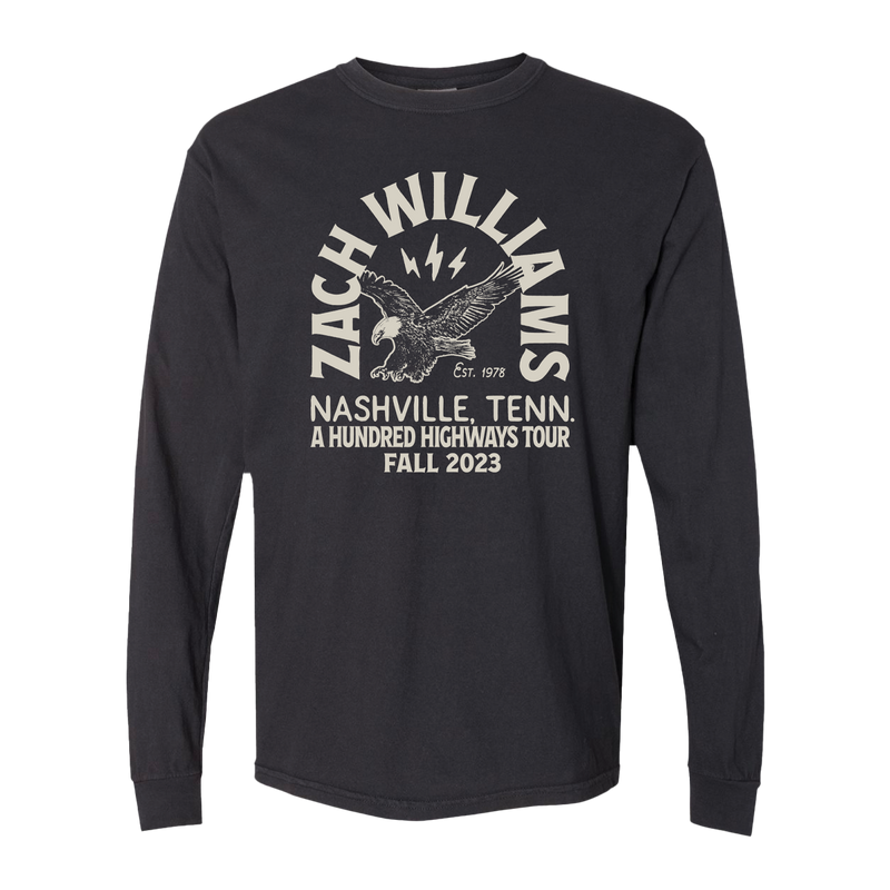 Long-sleeved black t-shirt with ’Zach Williams Nashville, Tenn.’ and eagle design printed on the front.