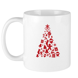 White ceramic mug featuring a red Christmas tree design composed of holiday icons.
