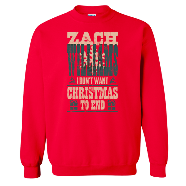 Red sweatshirt with text ’ZACH BRYAN I DON’T WANT CHRISTMAS TO END’ printed on the front.