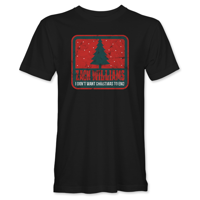 Black t-shirt with a Christmas-themed graphic design featuring a tree silhouette and text.