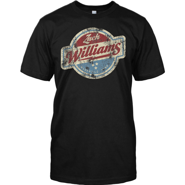 Black t-shirt featuring a distressed vintage-style logo for ’Zach Williams’ in red, white, and blue colors.