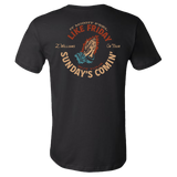 Black t-shirt with a colorful graphic design featuring praying hands and text about ’Like Friday, Sunday’s Comin’’.