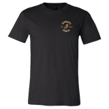 Black t-shirt with a small circular logo on the left chest area.