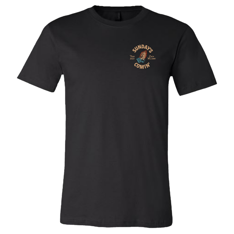 Black t-shirt with a small circular logo on the left chest area.