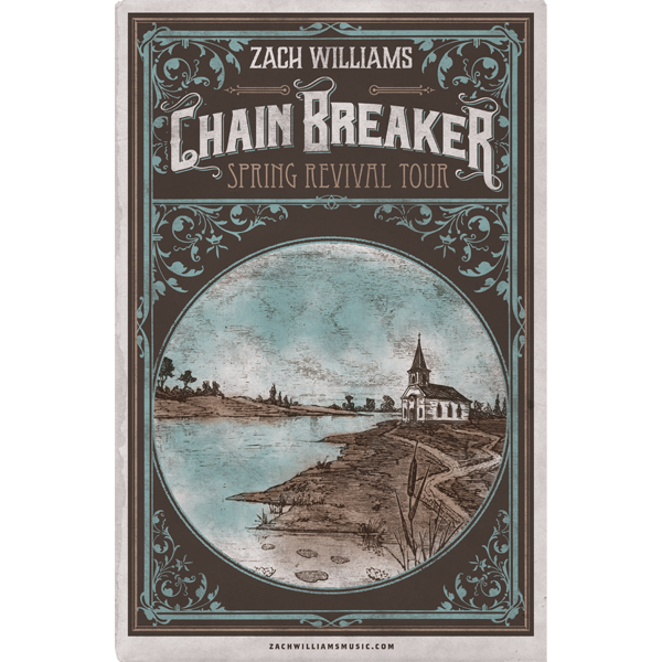Vintage-style concert poster featuring a circular illustration of a rural church by a lake.